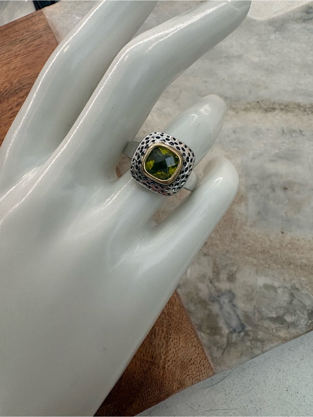 Vintage Gold Plated Ring with Olive Green Gemstone - Size 9